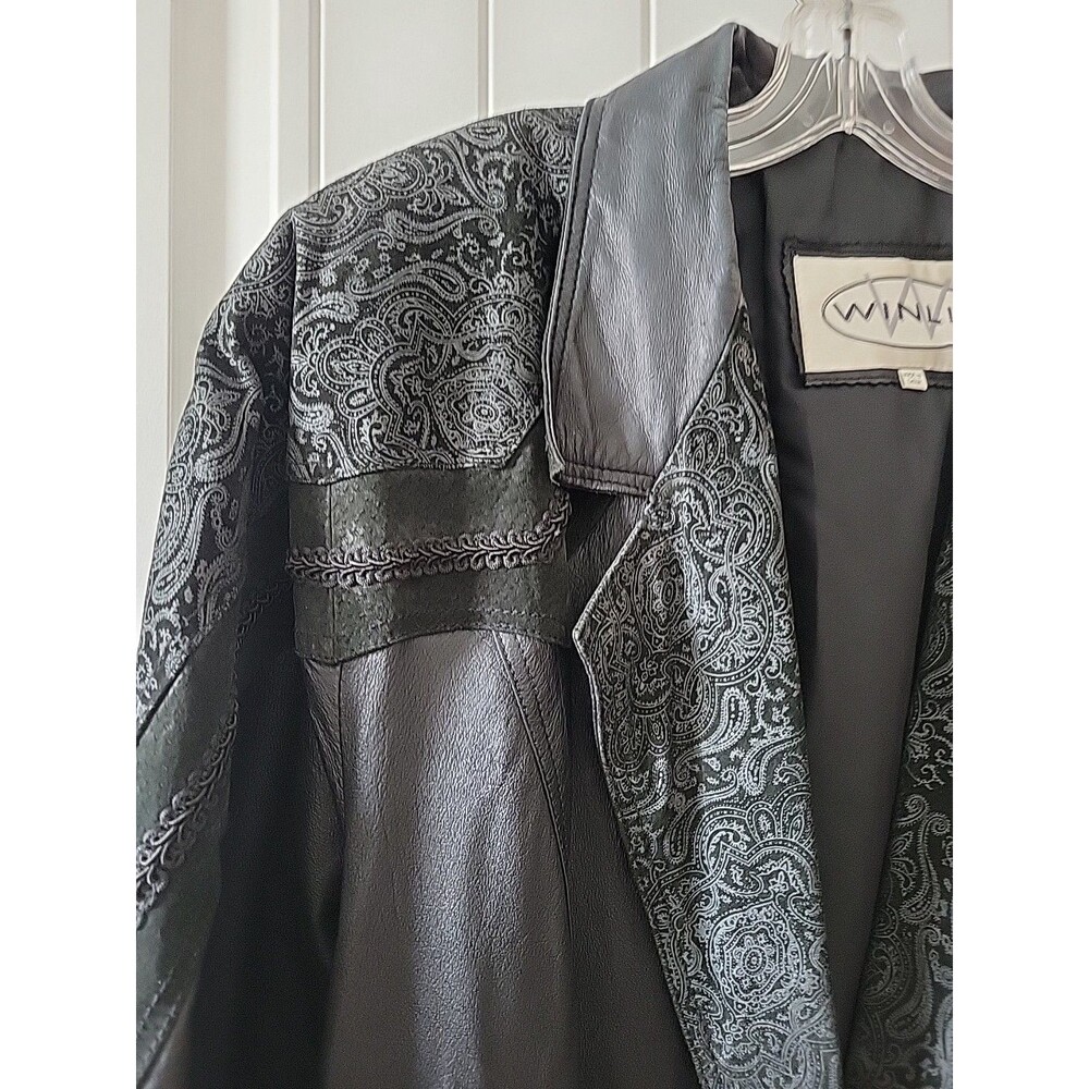 Vintage Winlit Leather Trench Coat Womens Large Black Paisley Embossed 80s 90s - Picture 5 of 13